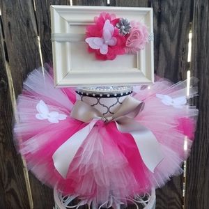 Butterfly Pink Gray Tutu size 18-24 monnths